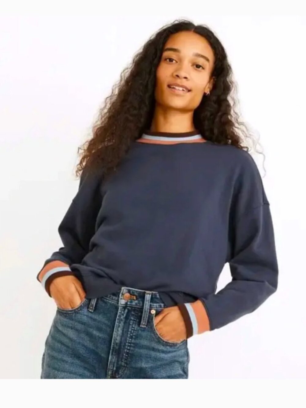 Madewell Studio Ringer Mockneck Sweatshirt M Navy Retro Striped Trim